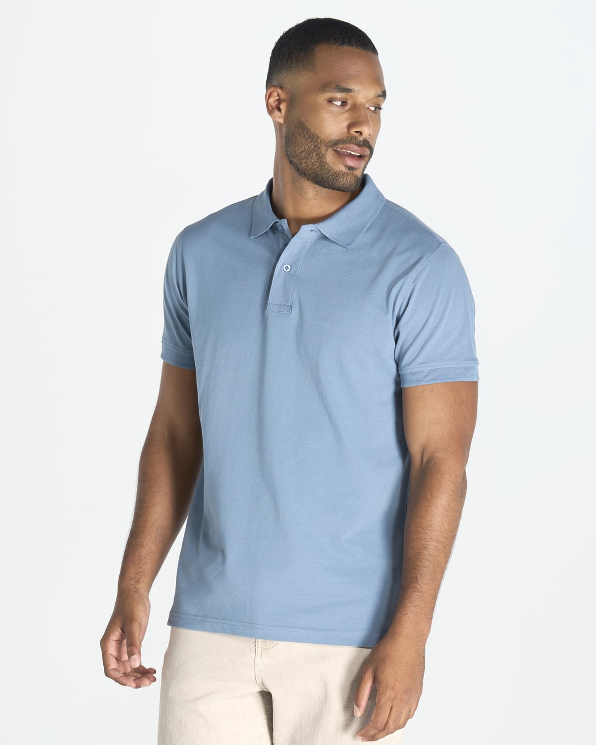 Polo piqué premium 240 g bleu acier porté