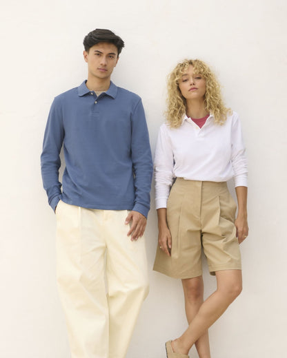 Polo manches longues piqué blanc porté