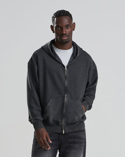 Zip hoodie délavé 380 g noir délavé porté