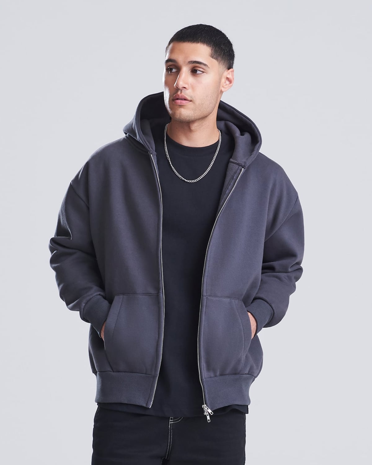 Zip hoodie épais 440 g charbon porté