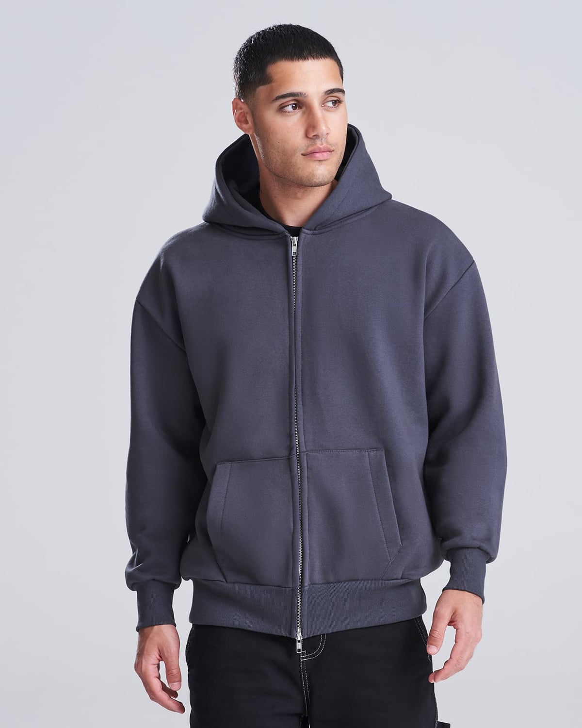 Zip hoodie épais 440 g charbon porté
